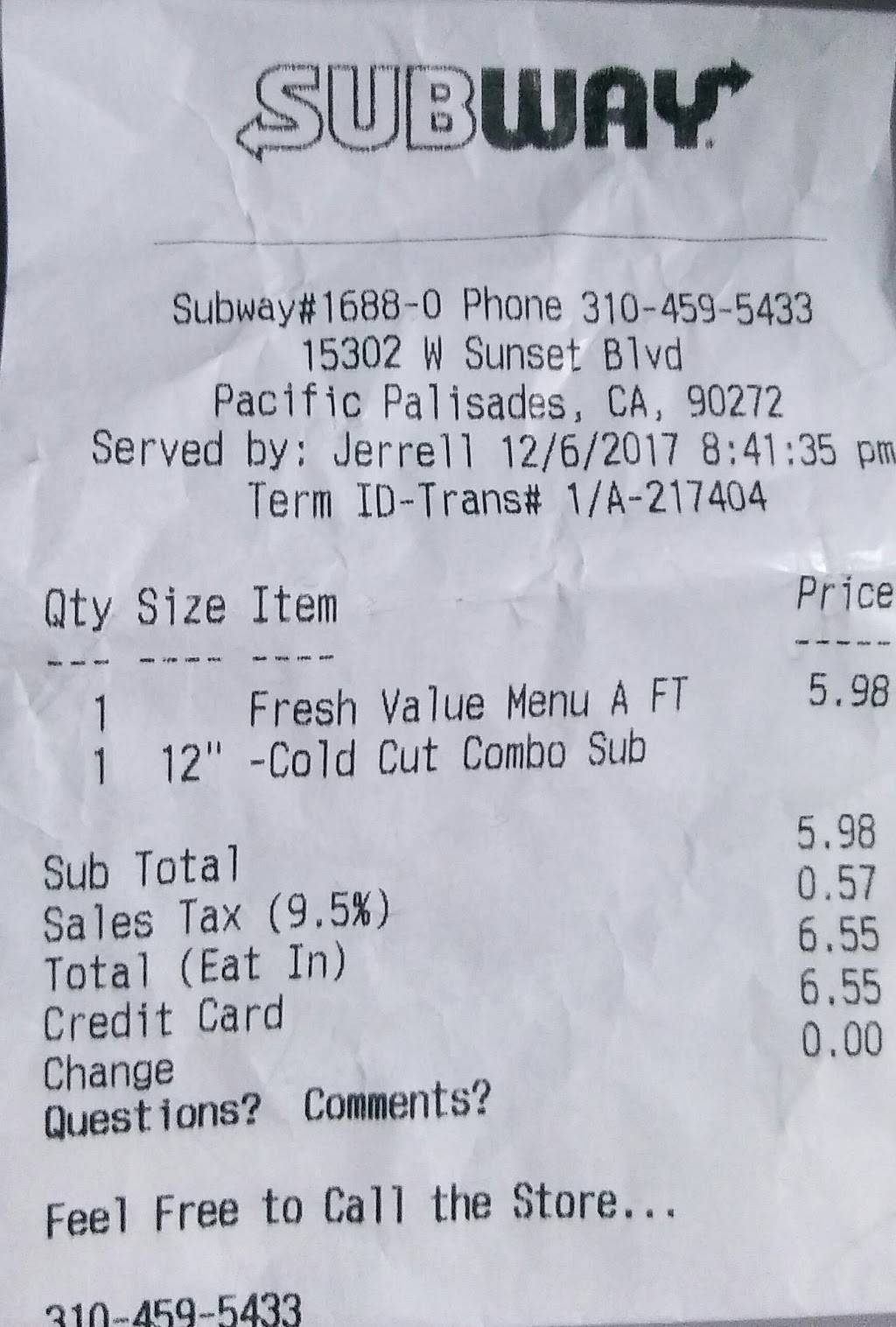 Subway Restaurants | restaurant | 15302 Sunset Blvd, Pacific Palisades, CA 90272, USA | 3104595433 OR +1 310-459-5433