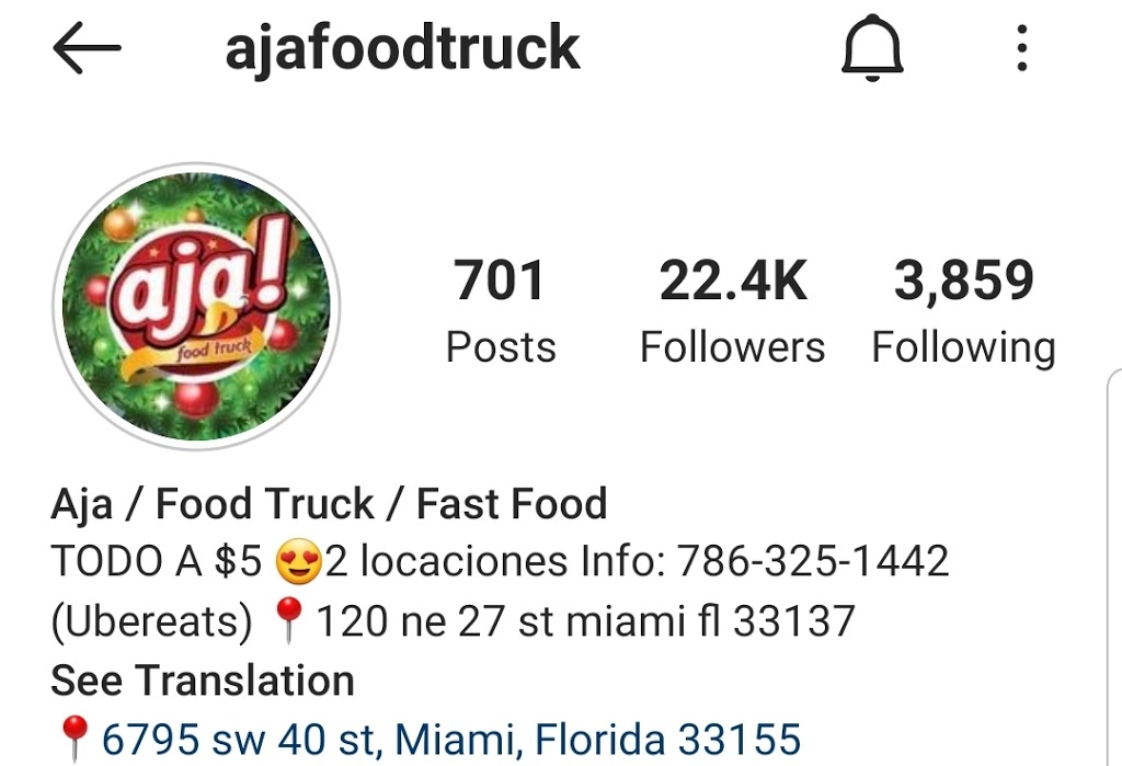 Aja Food Truck | restaurant | 6795 SW 40th St, Miami, FL 33155, USA | 7863251442 OR +1 786-325-1442