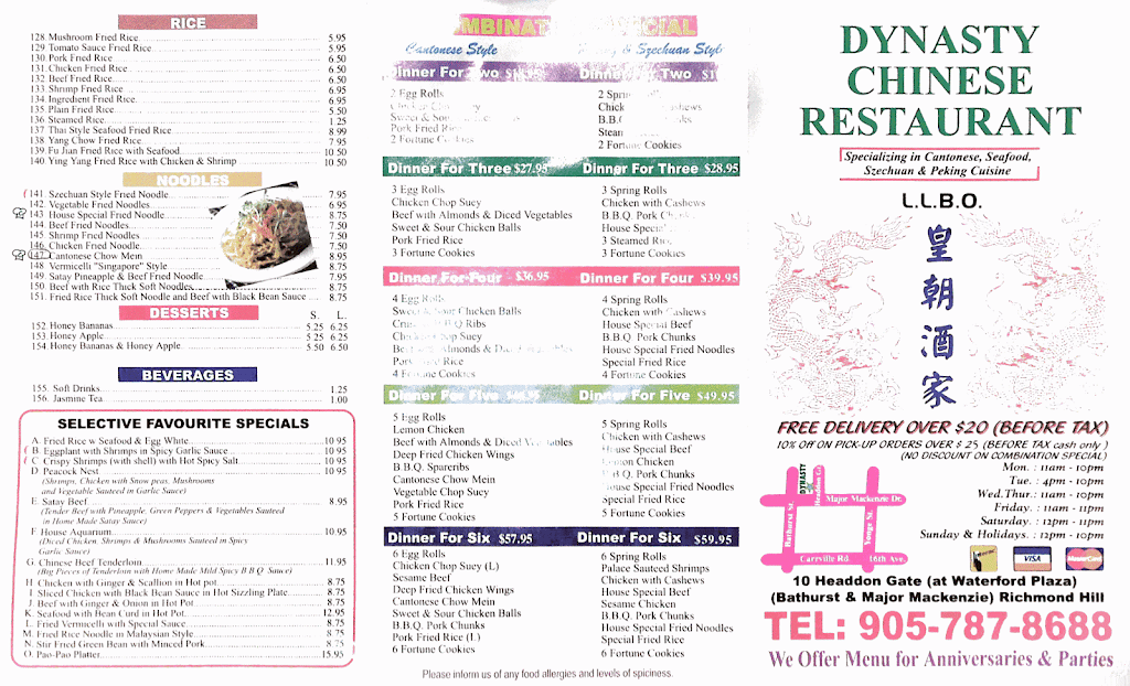 Dynasty Restaurant | restaurant | 10 Headdon Gate #9, Richmond Hill, ON L4C 9W9, Canada | 9057878688 OR +1 905-787-8688