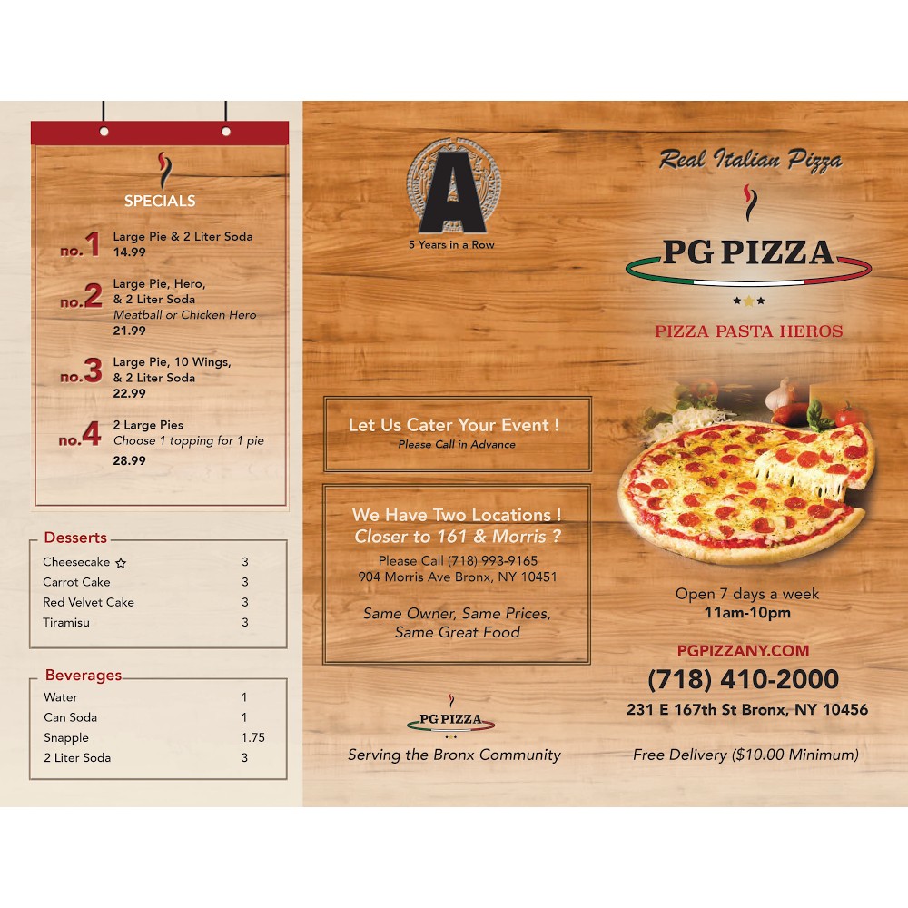PG Pizza | meal delivery | 231 E 167th St, Bronx, NY 10456, USA | 7184102000 OR +1 718-410-2000