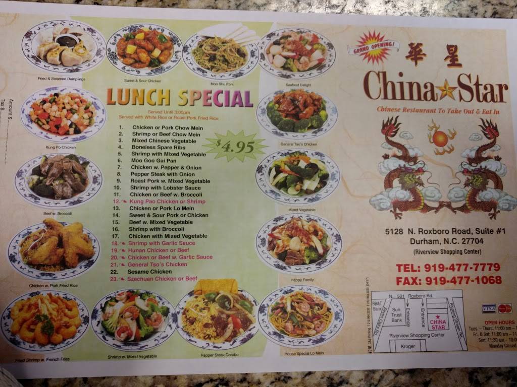China Star | restaurant | 5128 N Roxboro St #1, Durham, NC 27704, USA | 9194771068 OR +1 919-477-1068
