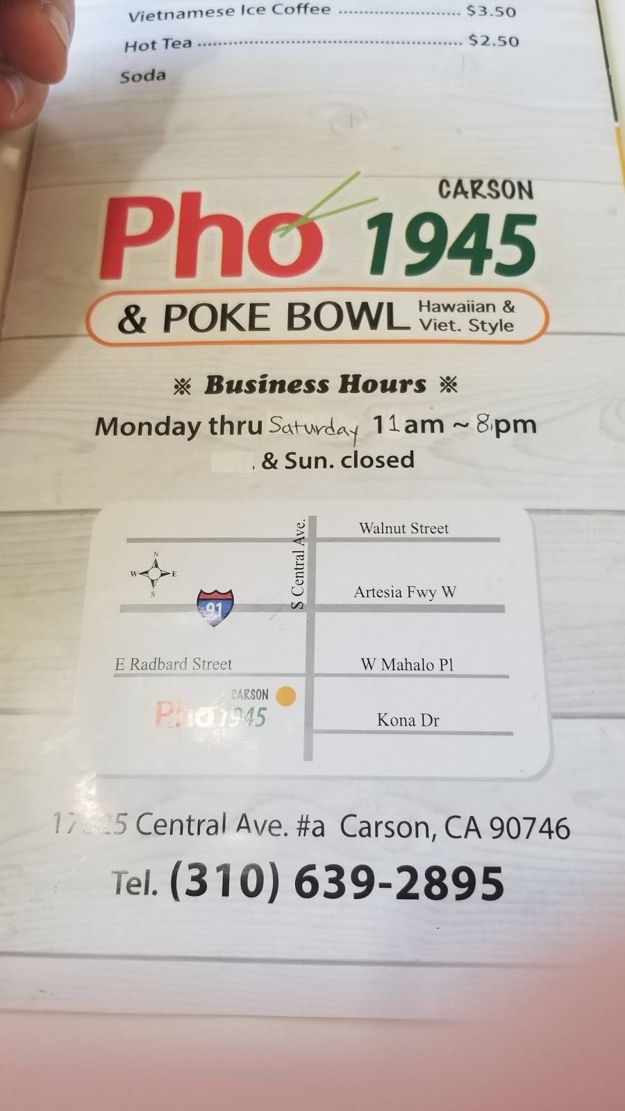 Pho 1945&poki bowl - carson | restaurant | United States, California, Carson, S Central Ave, # 101 | 3106392895 OR +1 310-639-2895