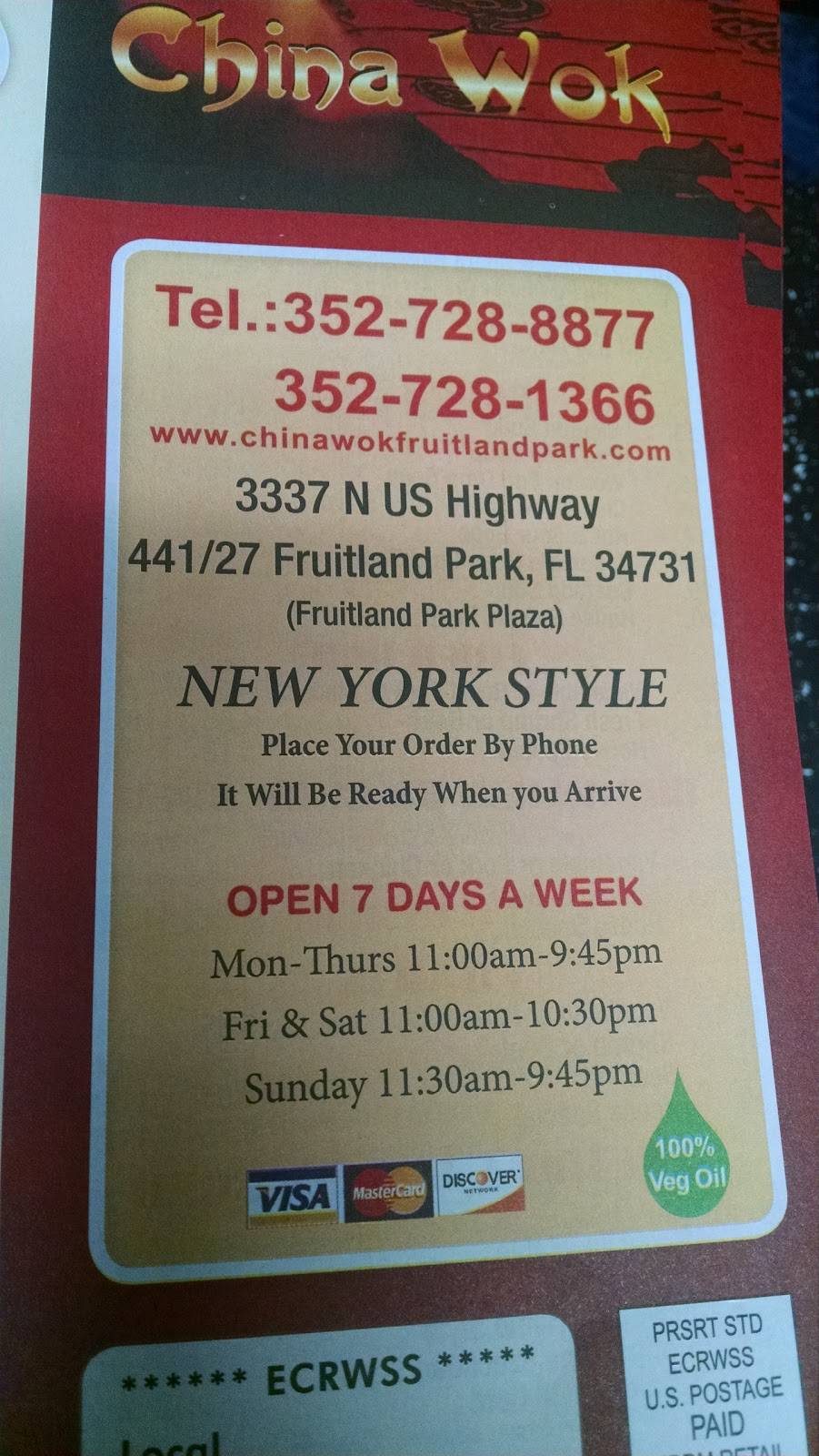 China Wok | restaurant | 3337 US-27, Fruitland Park, FL 34731, USA | 3527288877 OR +1 352-728-8877