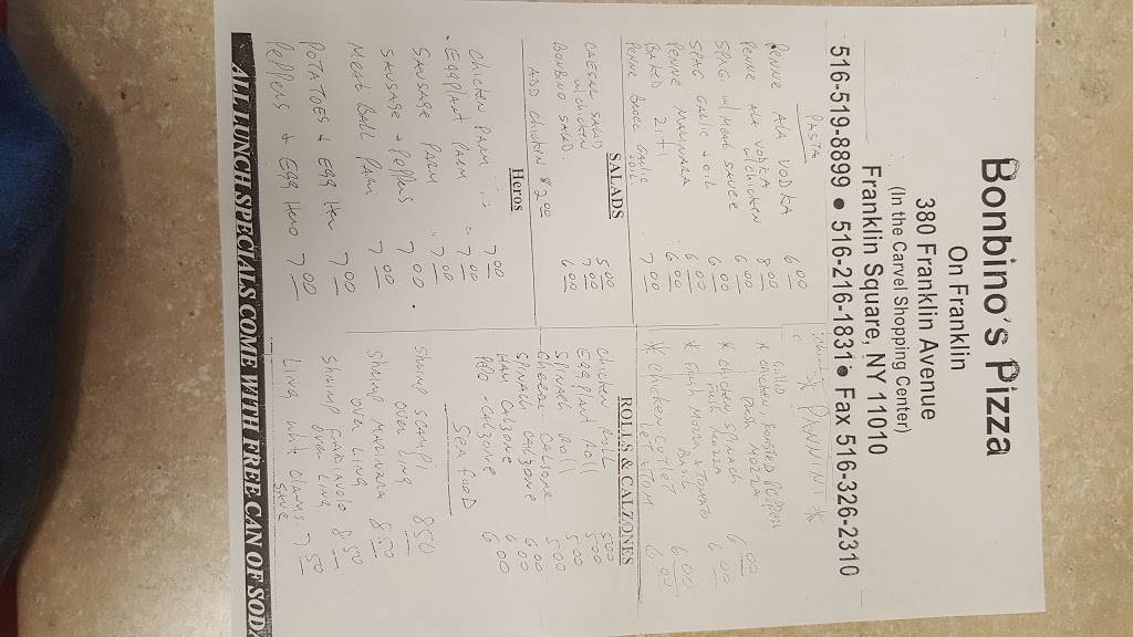 Bonbinos Pizzeria and Restaurant | restaurant | 380 Franklin Ave, Franklin Square, NY 11010, USA | 5165198899 OR +1 516-519-8899