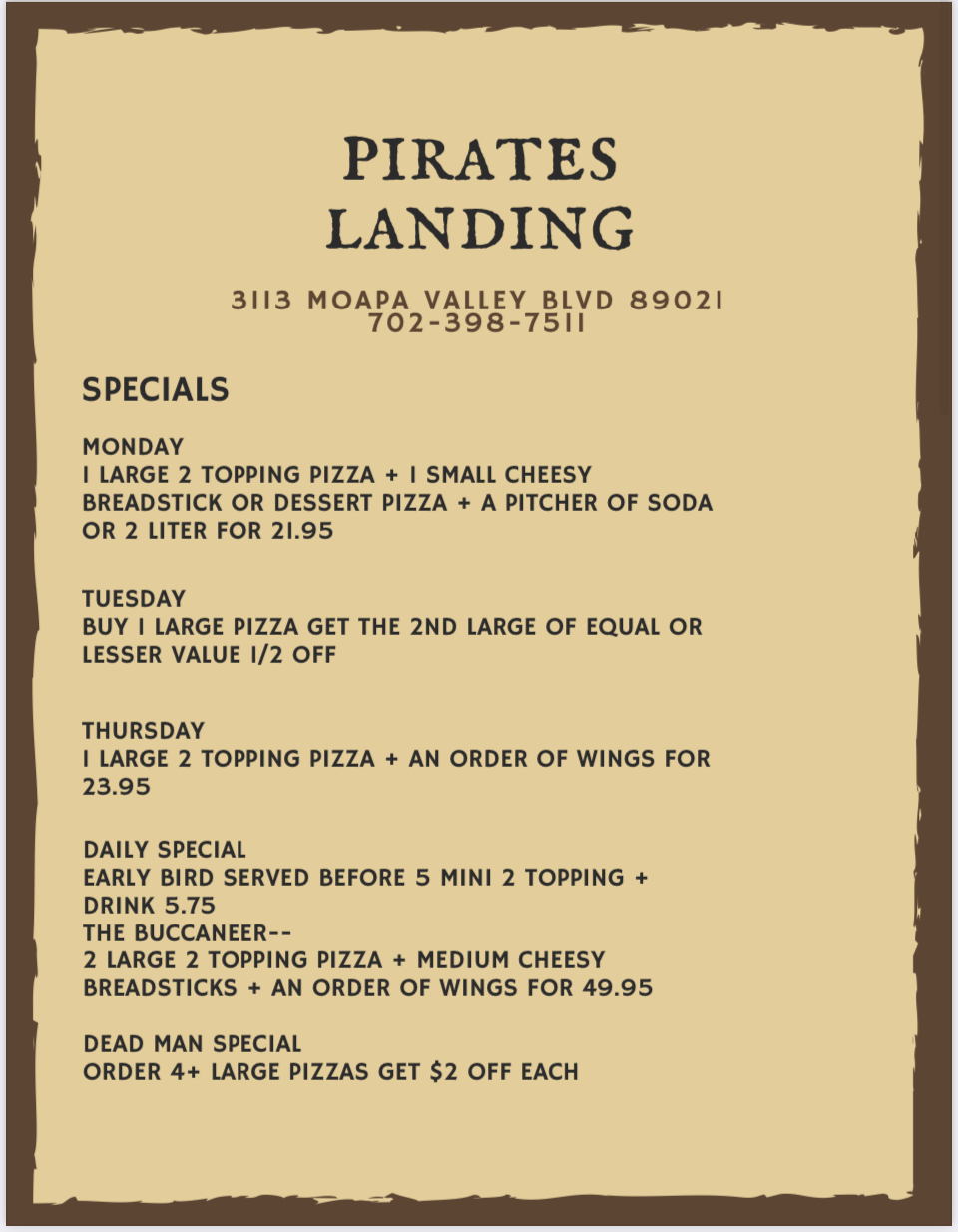 Pirates Landing a Place for food and fun | restaurant | 3113 N Moapa Valley Blvd, Moapa Valley, NV 89021, USA | 7023987511 OR +1 702-398-7511