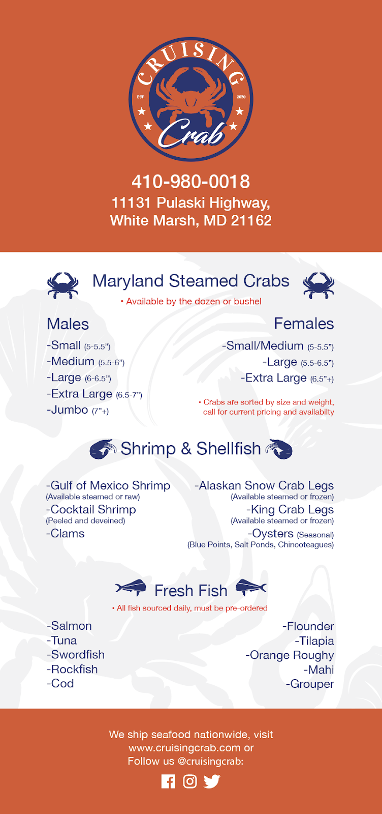 Cruising Crab | restaurant | 11131 Pulaski Hwy, White Marsh, MD 21162, USA | 4109800018 OR +1 410-980-0018