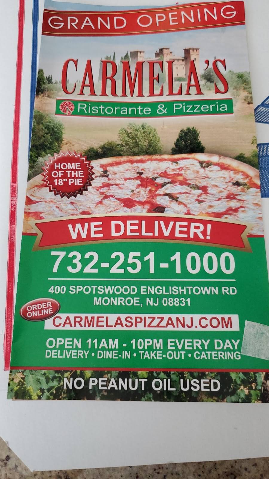 Carmelas | restaurant | 400 Spotswood Englishtown Rd, Monroe Township, NJ 08831, USA | 7322511000 OR +1 732-251-1000