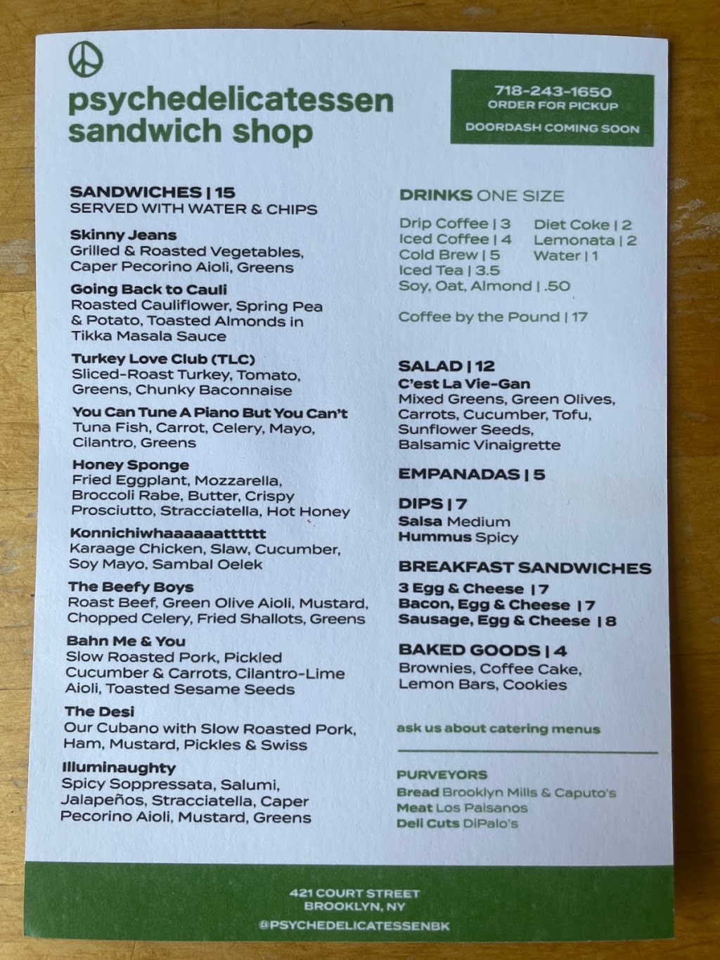 Psychedelicatessen Sandwich Shop | restaurant | 421 Court St, Brooklyn, NY 11231, USA | 7182431650 OR +1 718-243-1650