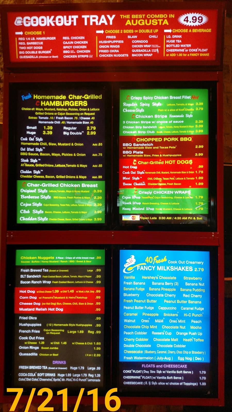 Cook Out | restaurant | 1801 Walton Way, Augusta, GA 30904, USA | 7064328241 OR +1 706-432-8241