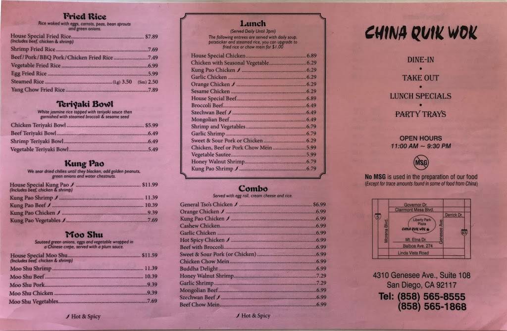 China Quick Wok | restaurant | 4310 Genesee Ave #112, San Diego, CA 92117, USA | 8585658555 OR +1 858-565-8555
