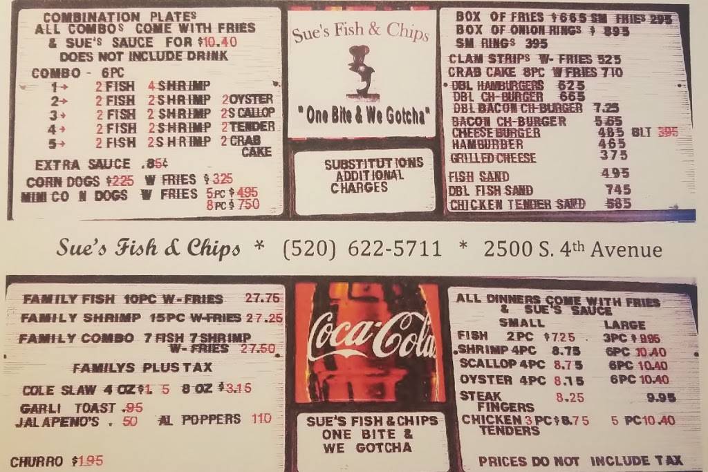 Sues Fish & Chips | restaurant | 2500 S 4th Ave, Tucson, AZ 85713, USA | 5206225711 OR +1 520-622-5711
