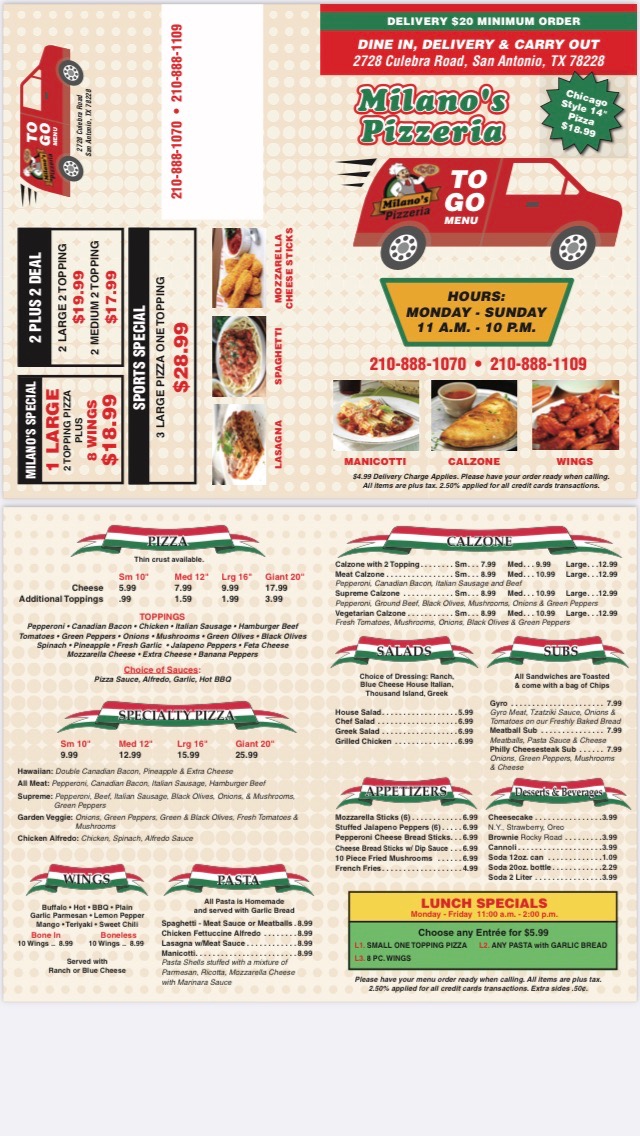 Milanos pizzeria | restaurant | 2728 Culebra Rd unit B, San Antonio, TX 78228, USA | 2108881070 OR +1 210-888-1070