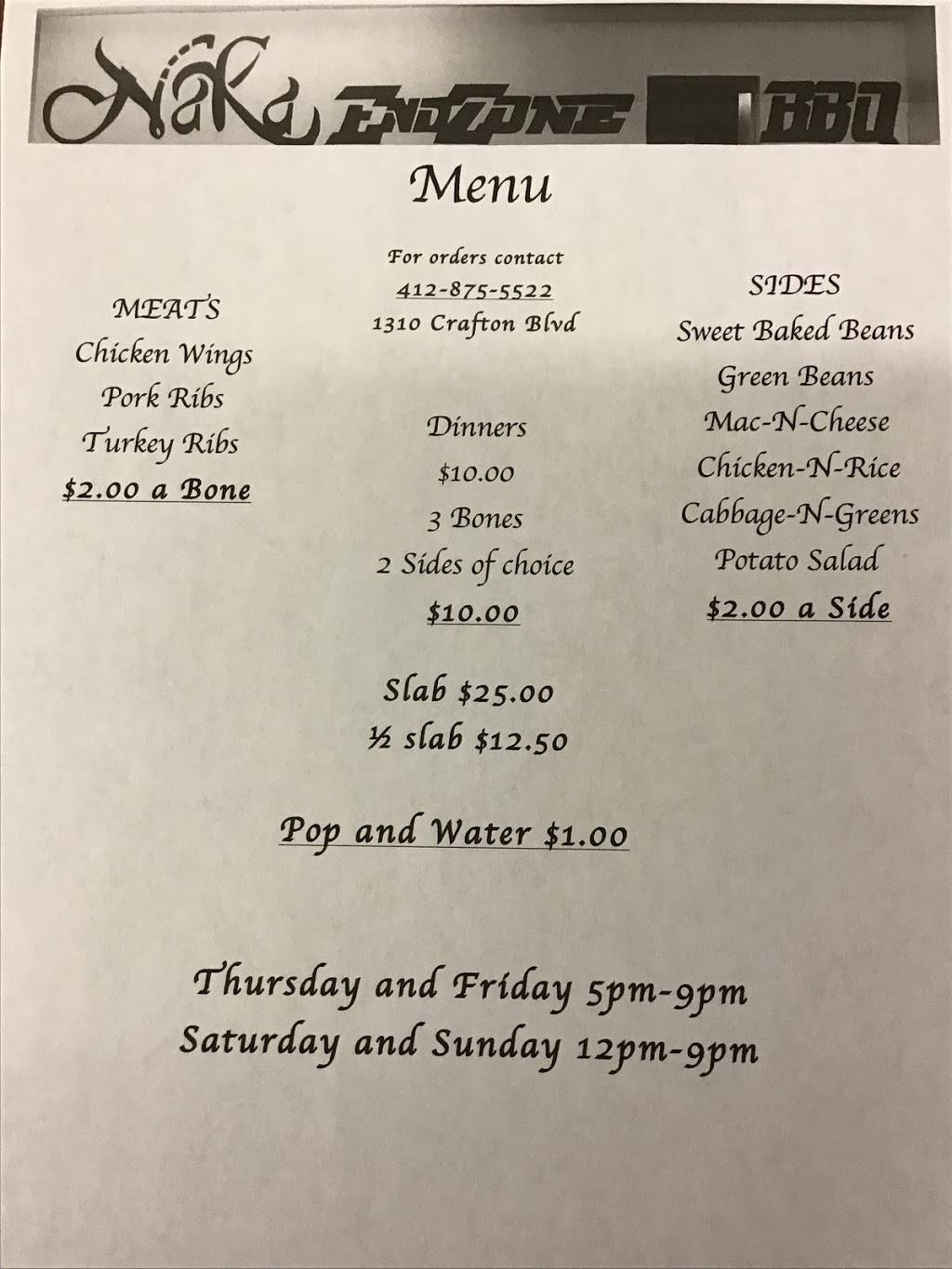 NakaEndZone BBQ | restaurant | 1310 Crafton Blvd, Pittsburgh, PA 15205, USA | 4128755522 OR +1 412-875-5522