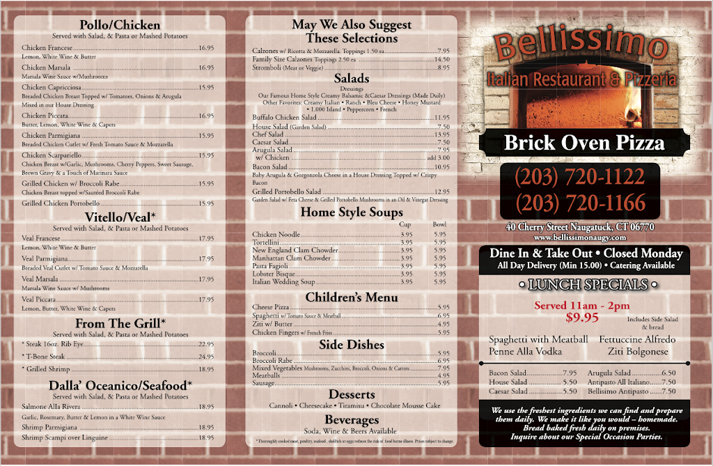 Bellissimo Family Restaurant | restaurant | 40 Cherry St, Naugatuck, CT 06770, USA | 2037201122 OR +1 203-720-1122