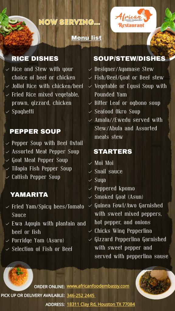 African Food Embassy Restaurant | restaurant | 18311 Clay Rd, Houston, TX 77084, USA | 3462522445 OR +1 346-252-2445