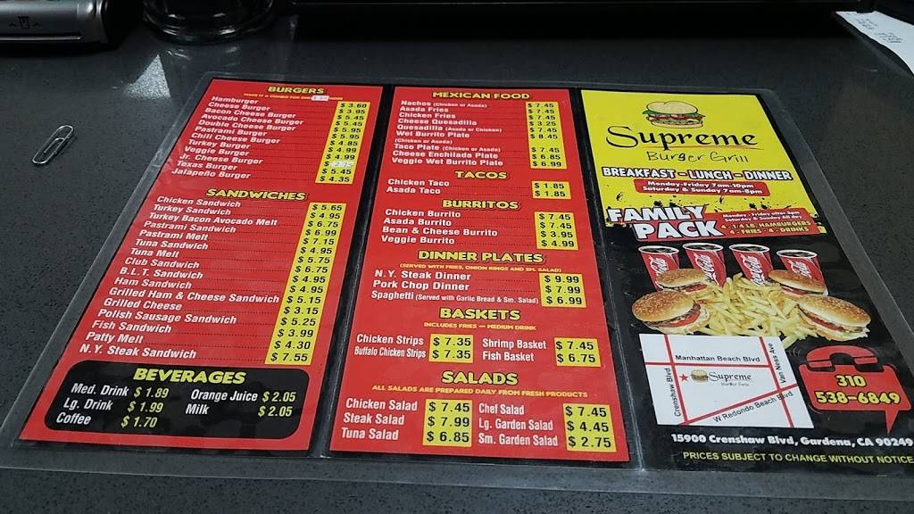 Supreme Burger Grill | restaurant | 15900 Crenshaw Blvd, Gardena, CA 90249, USA | 3105386849 OR +1 310-538-6849
