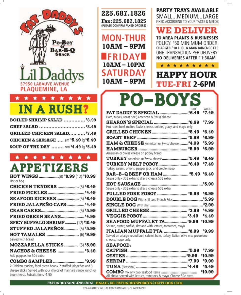 Fat Daddys | restaurant | 57950 Labauve Ave, Plaquemine, LA 70764, USA | 2256871826 OR +1 225-687-1826