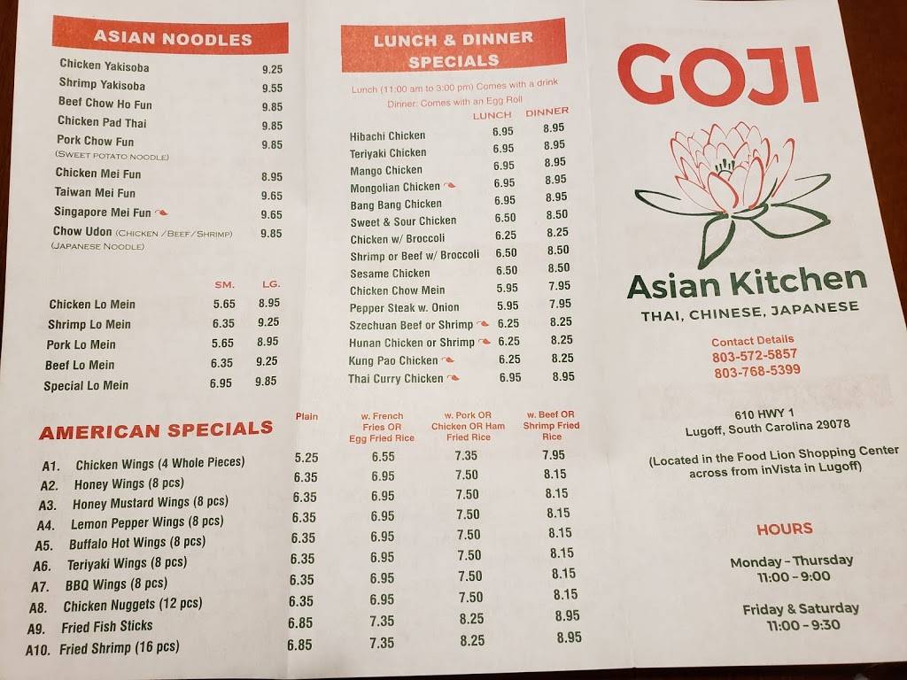 Goji Asian Kitchen | restaurant | 610 US-1, Lugoff, SC 29078, USA | 8035725857 OR +1 803-572-5857
