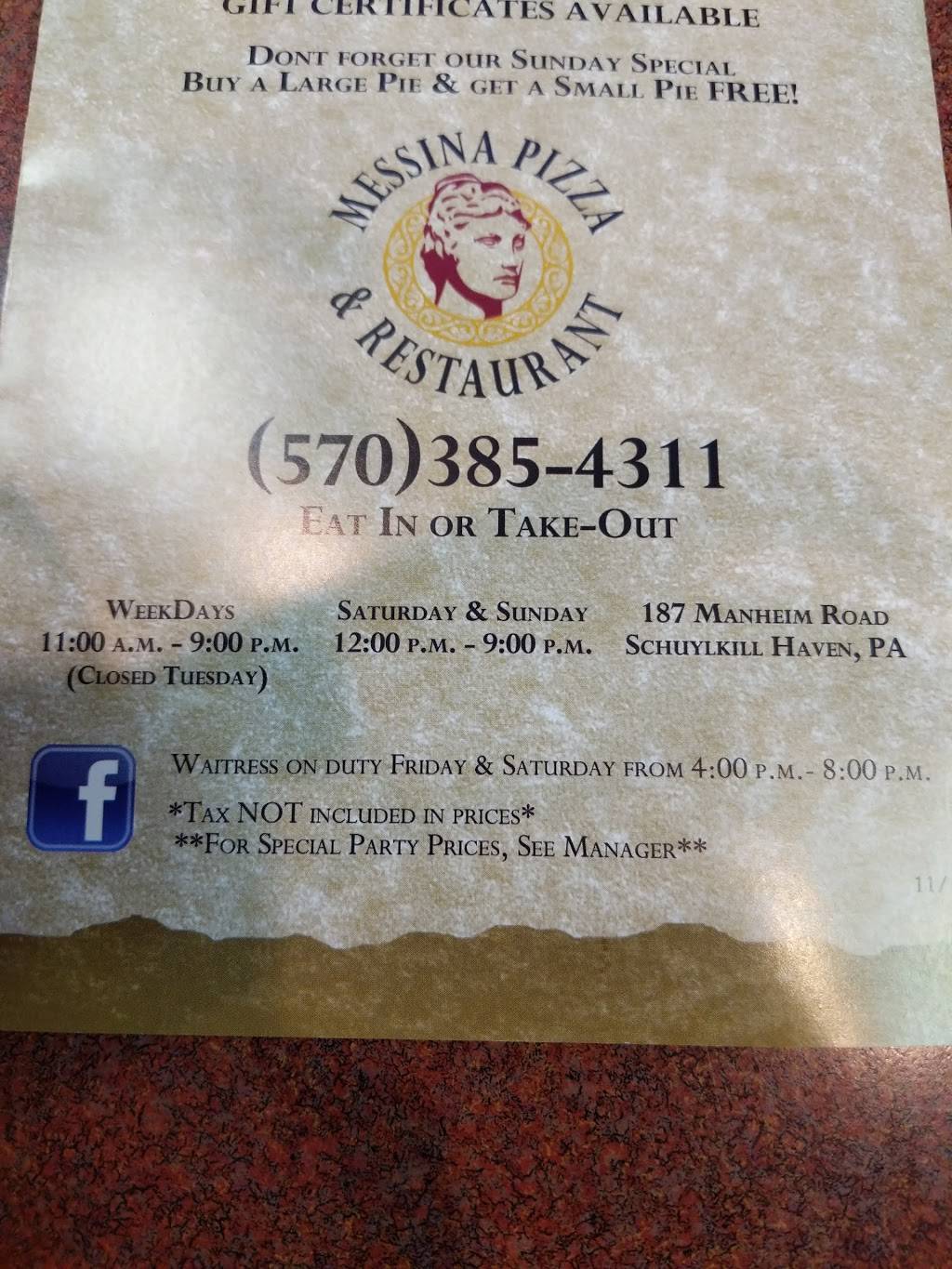 Messinas Pizza | restaurant | 191 Manheim Rd, Schuylkill Haven, PA 17972, USA | 5703854311 OR +1 570-385-4311