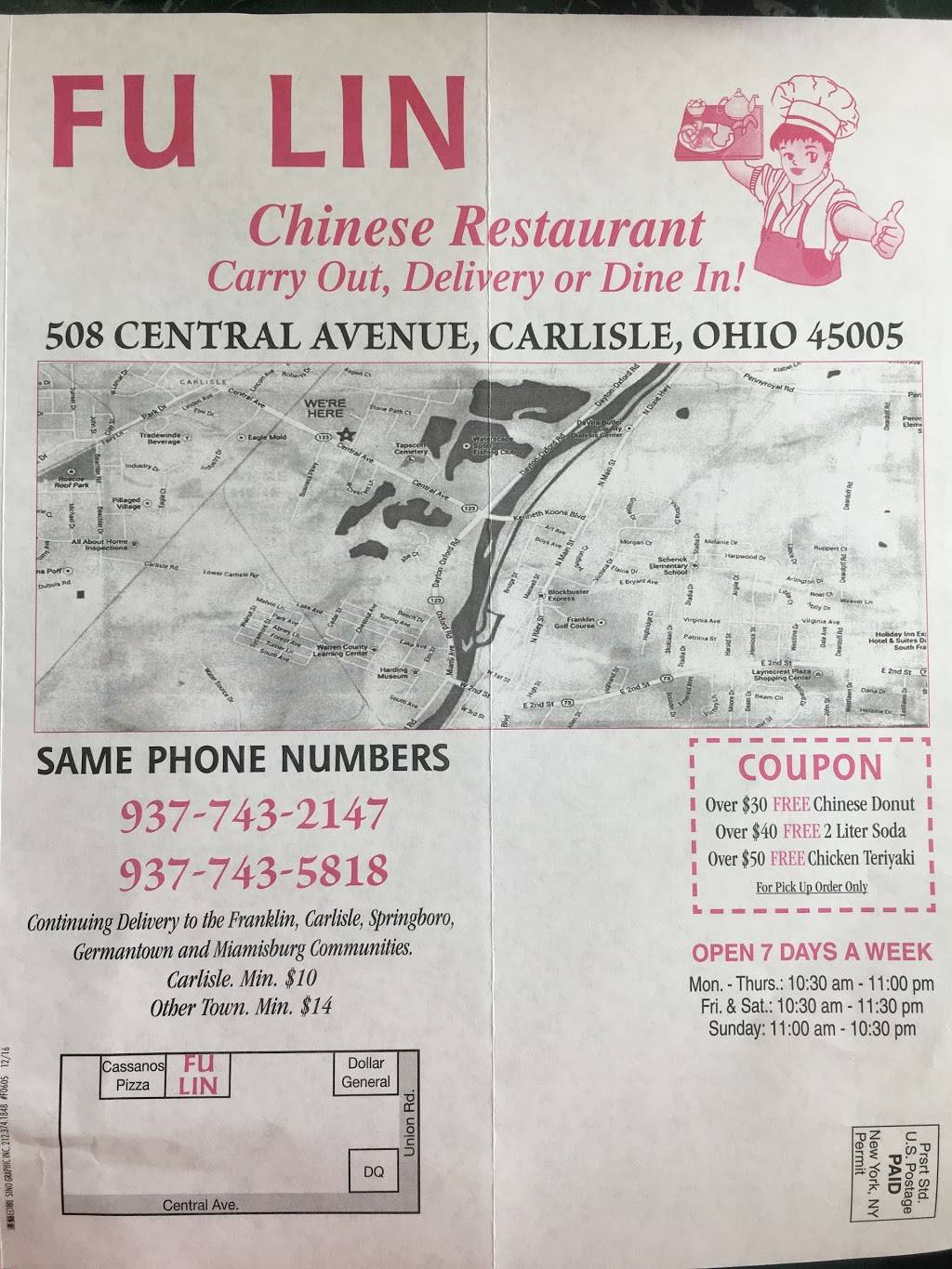 Fu Lin Chinese Restaurant | restaurant | 508 Central Ave, Carlisle, OH 45005, USA | 9377432147 OR +1 937-743-2147