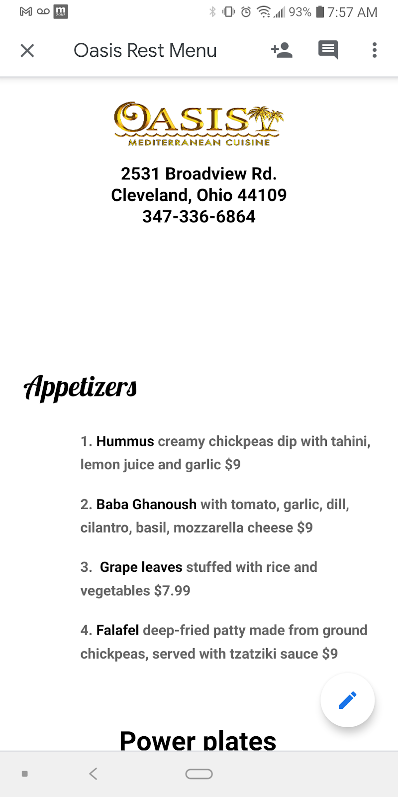 oasis mediterranean cuisine | restaurant | 2531 Broadview Rd, Cleveland, OH 44109, USA | 2169650278 OR +1 216-965-0278