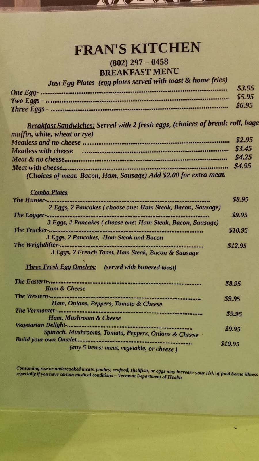 Frans Kitchen & Diner | restaurant | 8814 VT-30, South Londonderry, VT 05155, USA | 8022970458 OR +1 802-297-0458