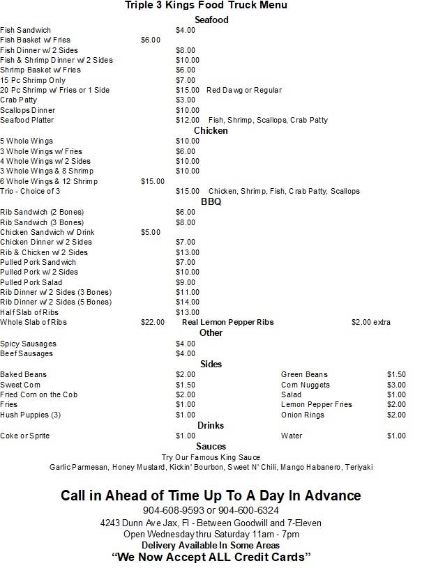 Triple 3 Kings | restaurant | 4266 Key Adam Dr, Jacksonville, FL 32218, USA | 9046006324 OR +1 904-600-6324