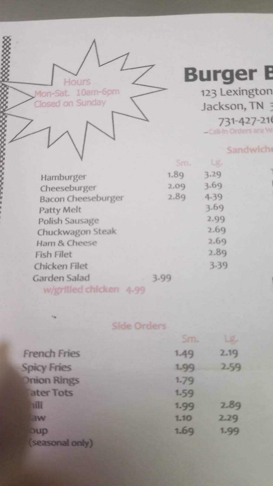 Burger Barn | restaurant | 123 Lexington Ave, Jackson, TN 38301, USA | 7314272168 OR +1 731-427-2168