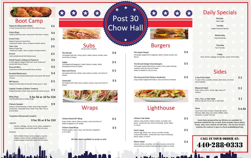 Post 30 Chow Hall | restaurant | 1112 W Erie Ave, Lorain, OH 44052, USA | 4402880333 OR +1 440-288-0333