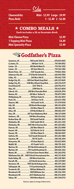 Godfathers Pizza Express | meal takeaway | 265 W 4th St, Colby, KS 67701, USA | 7854627339 OR +1 785-462-7339