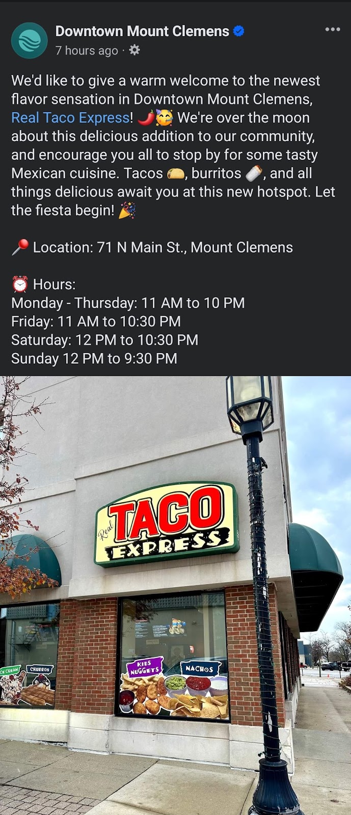 Real Taco Express | restaurant | 71 N Main St, Mt Clemens, MI 48043, USA | 5866497463 OR +1 586-649-7463