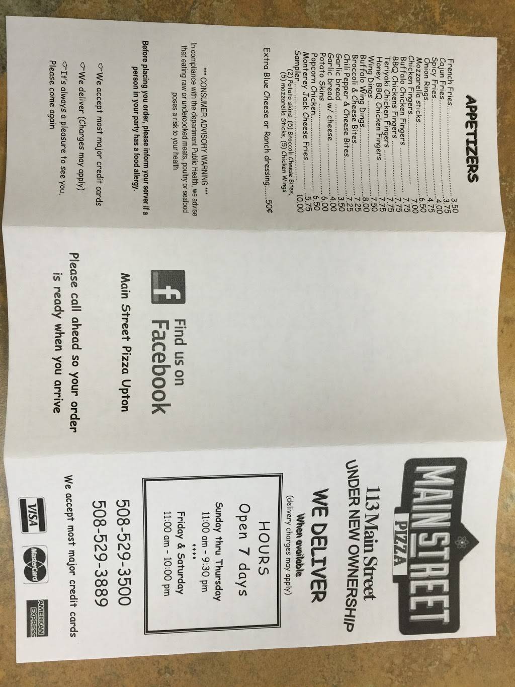 Main Street Pizza | restaurant | 113 Main St, Upton, MA 01568, USA | 5085293500 OR +1 508-529-3500