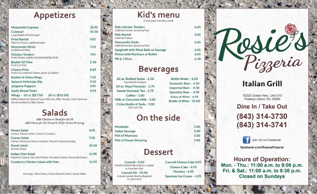 rosies pizzeria | restaurant | 10225 Ocean Hwy unit #310, Pawleys Island, SC 29585, USA | 8433143730 OR +1 843-314-3730