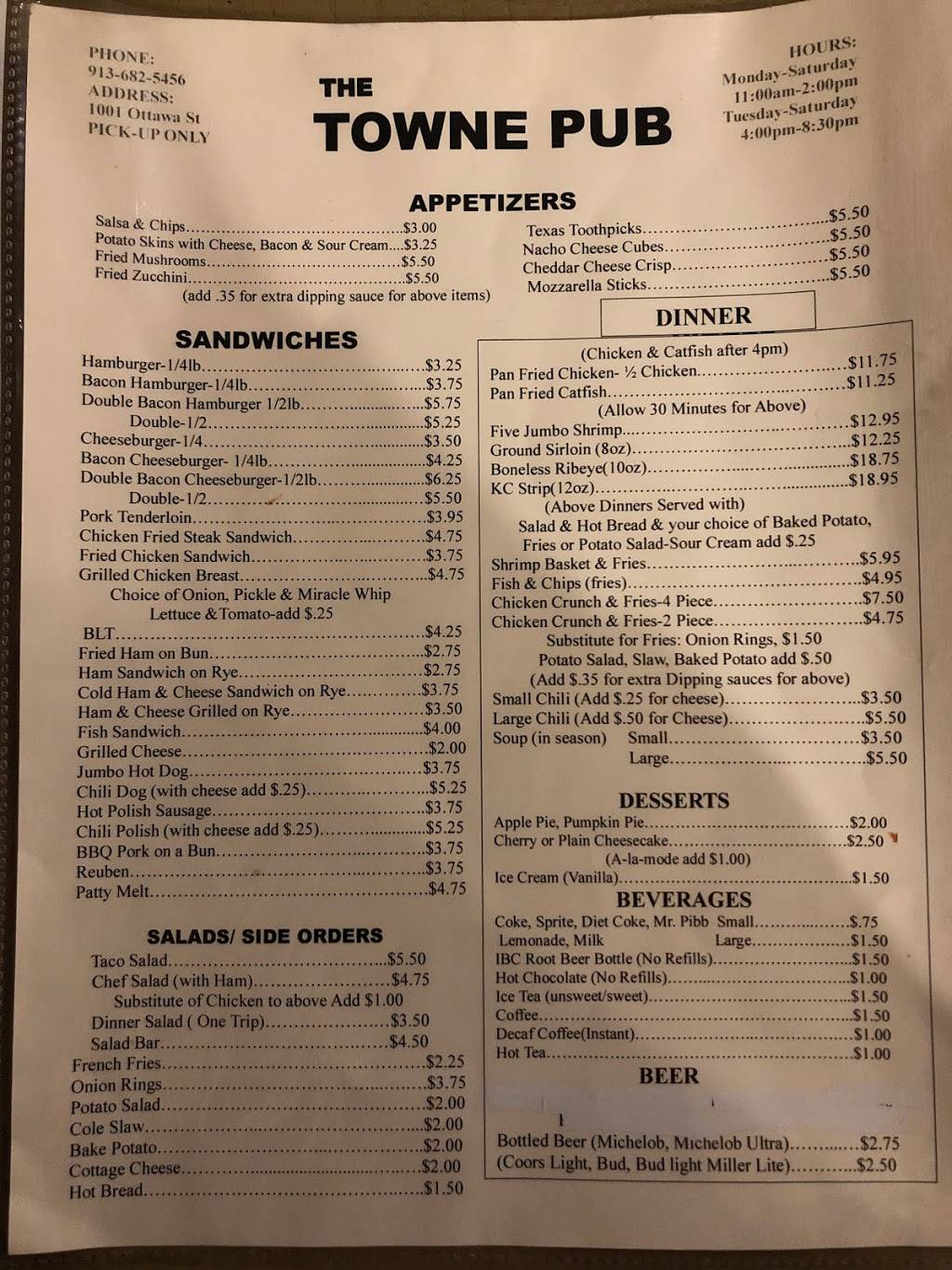 Towne Pub | restaurant | 1001 Ottawa St, Leavenworth, KS 66048, USA | 9136825456 OR +1 913-682-5456