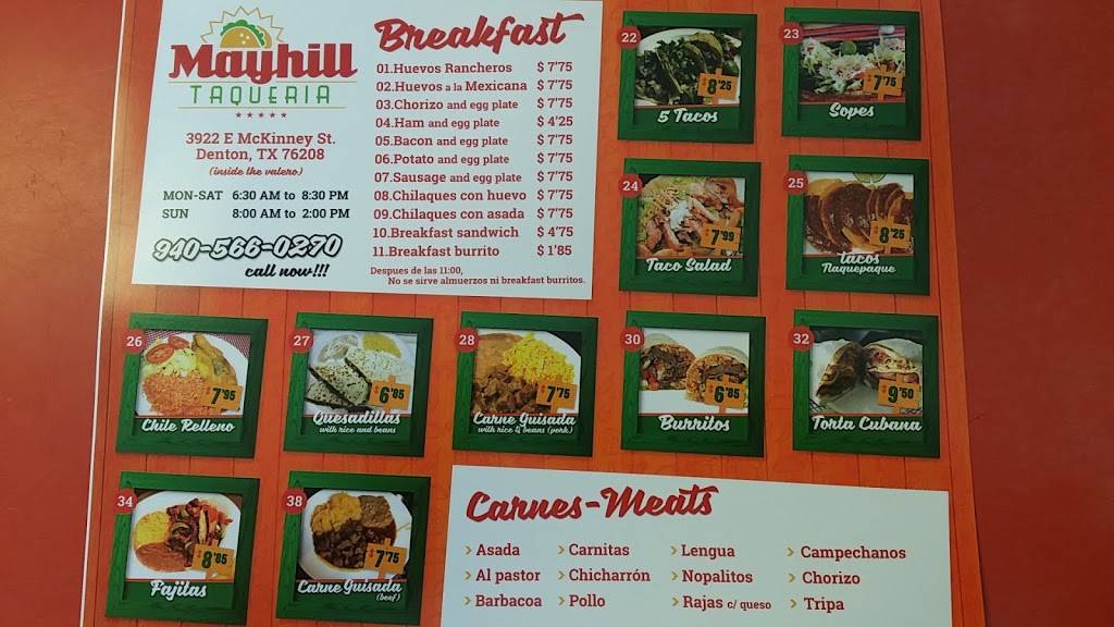 Mayhill Taqueria | restaurant | 3922 E McKinney St, Denton, TX 76208, USA | 9405660270 OR +1 940-566-0270