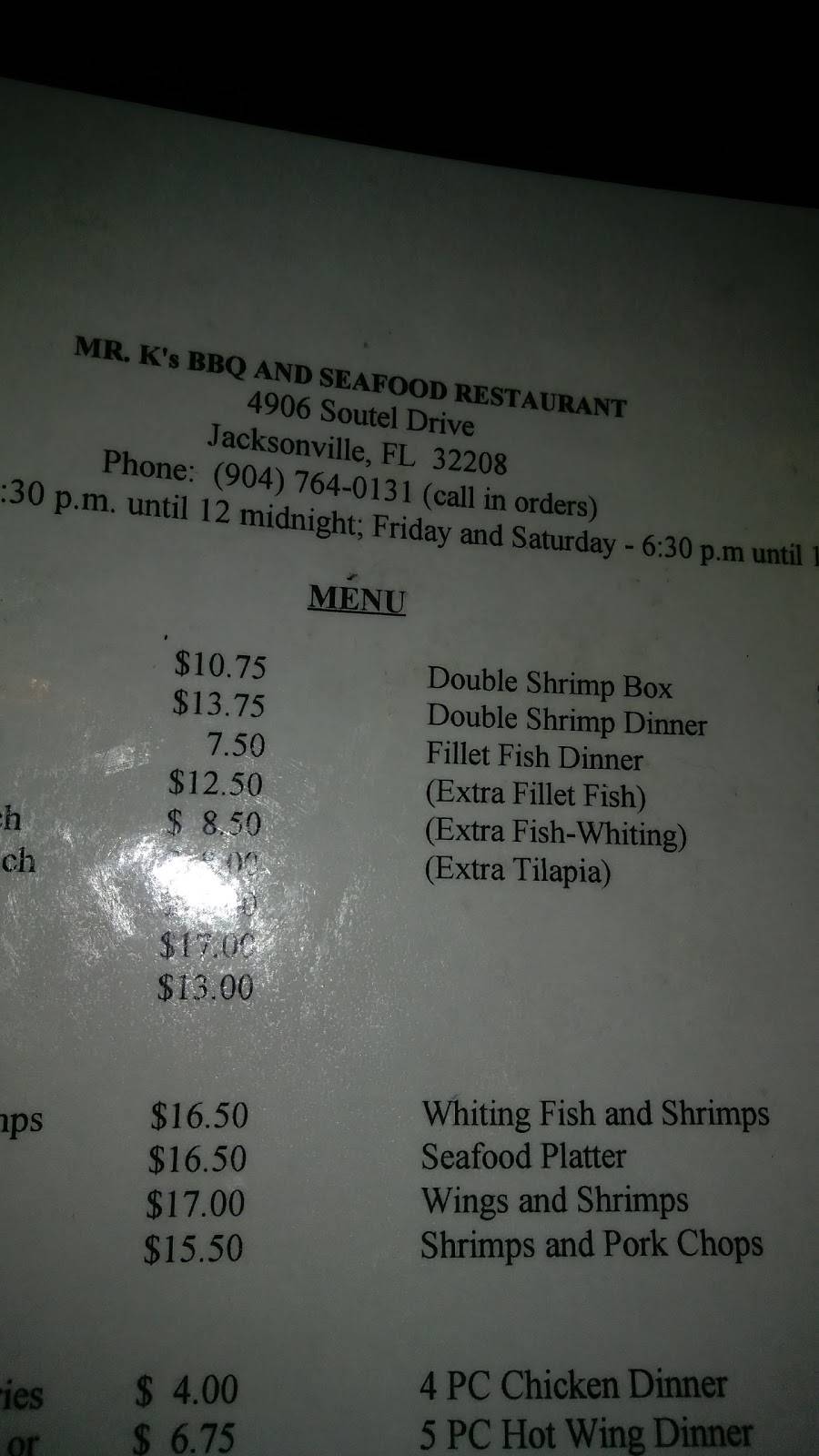 Mr K Bar-B-Que & Seafood | restaurant | 4906 Soutel Dr, Jacksonville, FL 32208, USA | 9047640131 OR +1 904-764-0131