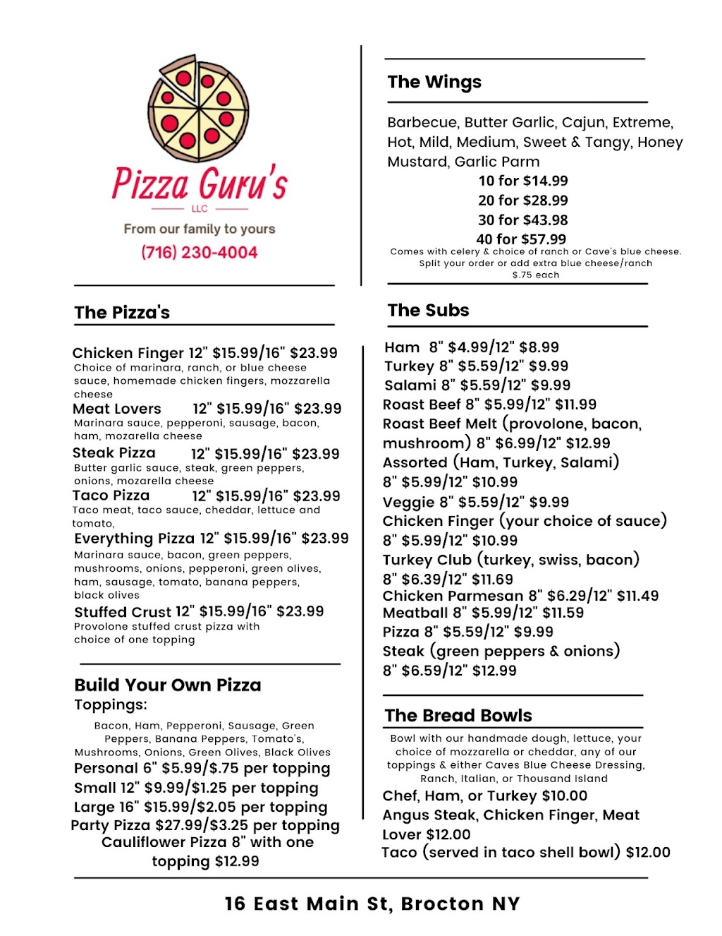 Pizza Gurus | restaurant | 16 E Main St, Brocton, NY 14716, USA | 7162304004 OR +1 716-230-4004