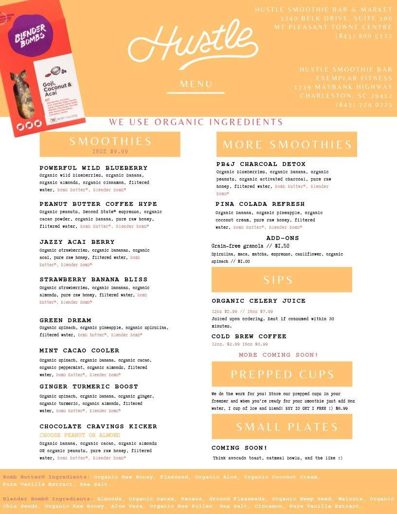 Hustle Smoothie Bar & Market | restaurant | were right next to sunglass hut!!!, 1240 Belk Dr Suite 100, Mt Pleasant, SC 29464, USA | 8438005122 OR +1 843-800-5122