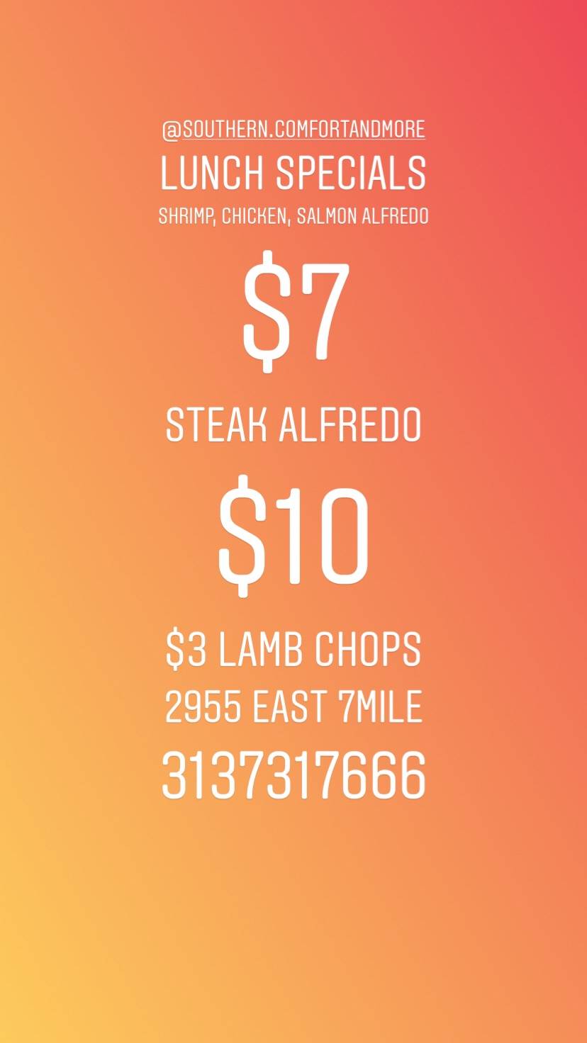 Southern Comfort & More | restaurant | 2955 Seven Mile E, Detroit, MI 48234, USA | 3137317666 OR +1 313-731-7666