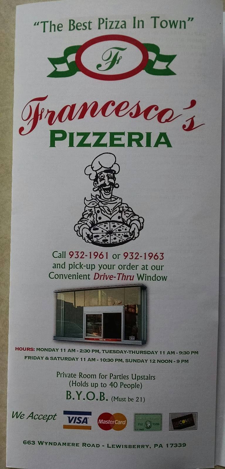 Francescos Pizzeria | restaurant | 663 Wyndamere Rd, Lewisberry, PA 17339, USA | 7179321961 OR +1 717-932-1961