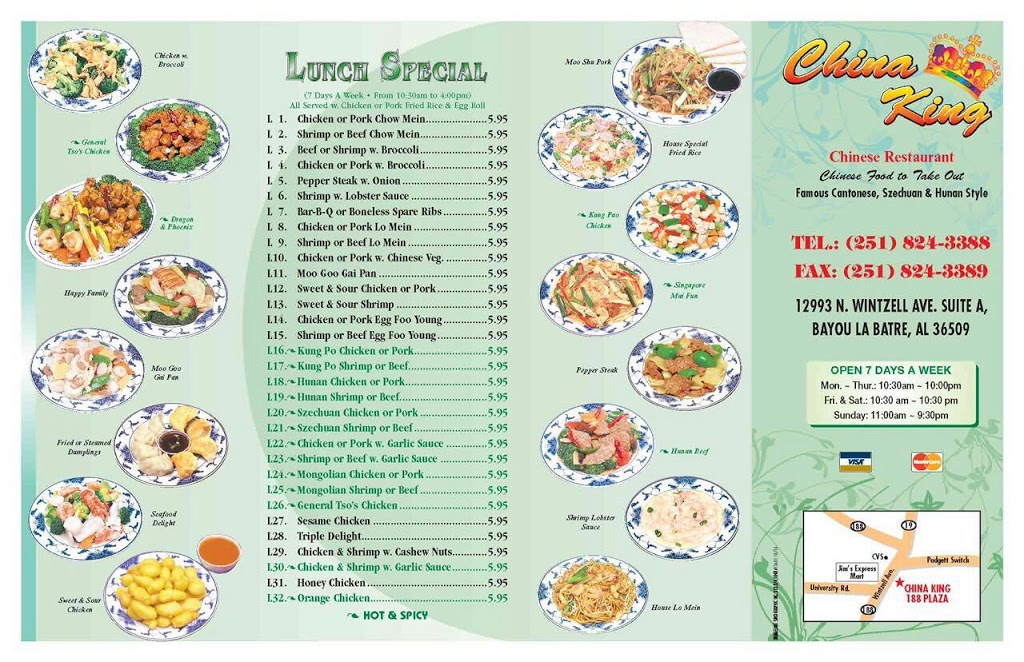 China King | restaurant | 12993 N, Wintzell Ave # A, Bayou La Batre, AL 36509, USA | 2518243388 OR +1 251-824-3388