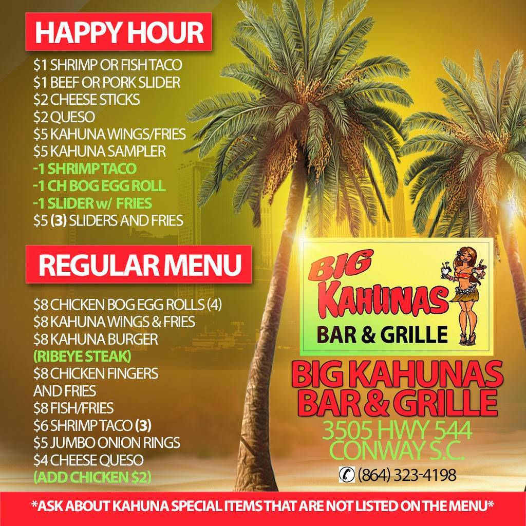 Big Kahunas Bar and Grille | restaurant | 3505 Highway 544 OPAS, Conway, SC 29526, USA | 8433313242 OR +1 843-331-3242