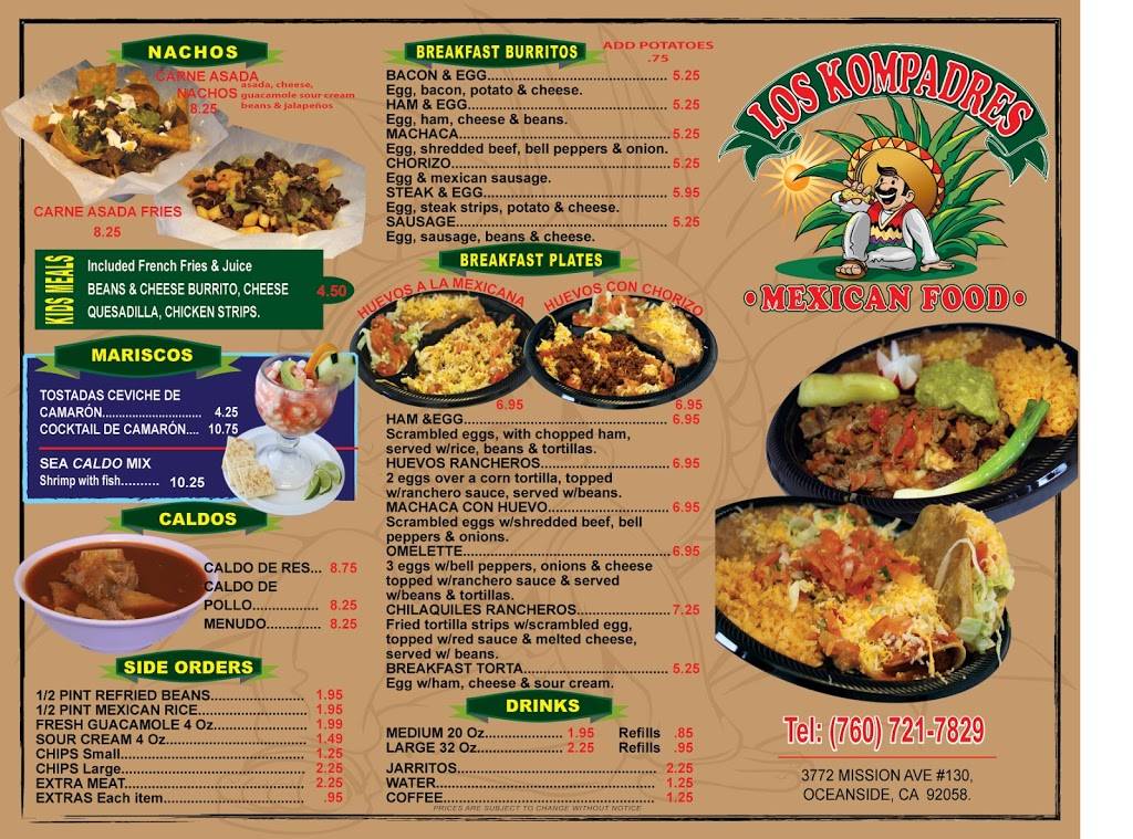 Los Kompadres Mexican Food | restaurant | 3772 Mission Ave #130, Oceanside, CA 92058, USA | 7607217829 OR +1 760-721-7829