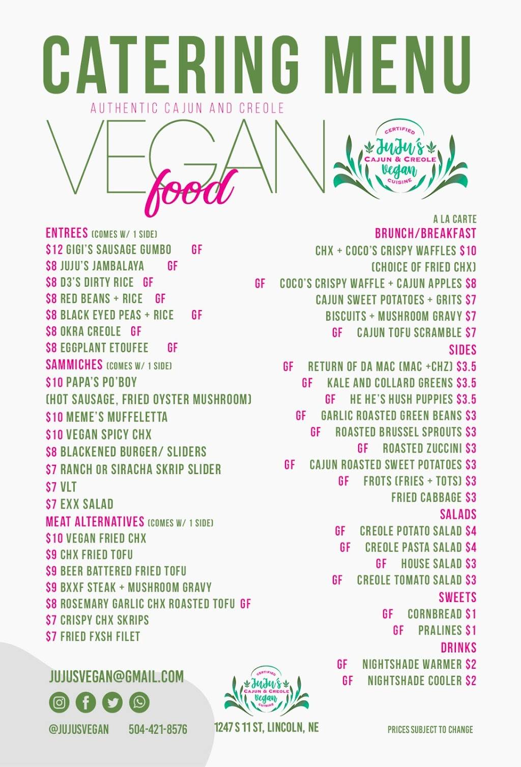 Jujus Vegan Cajun and Creole Cuisine | restaurant | 1247 S 11th St, Lincoln, NE 68502, USA | 5044218576 OR +1 504-421-8576