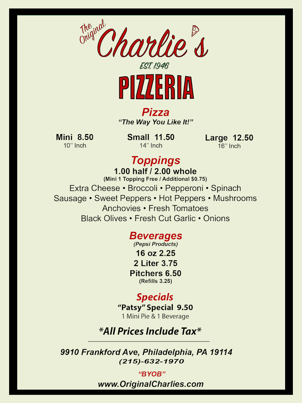 The Original Charlies Pizzeria | restaurant | 9910 Frankford Ave Suite 216, Philadelphia, PA 19114, USA | 2156321970 OR +1 215-632-1970