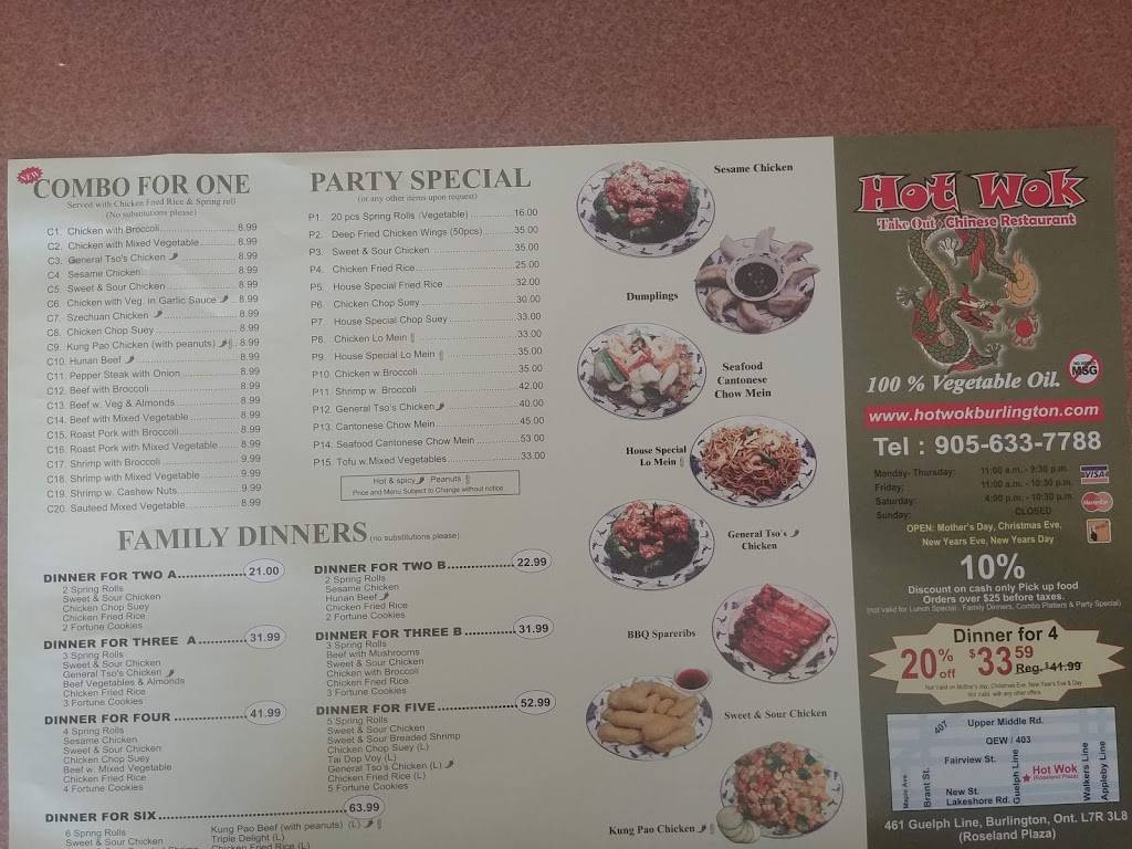 Hot Wok​​​ | restaurant | 461 Guelph Line, Burlington, ON L7R 3L8, Canada | 9056337788 OR +1 905-633-7788