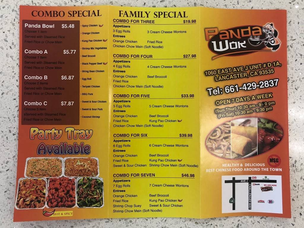 Panda Wok | restaurant | 1060 E Ave. J unit d 1a, Lancaster, CA 93535, USA | 6614292837 OR +1 661-429-2837