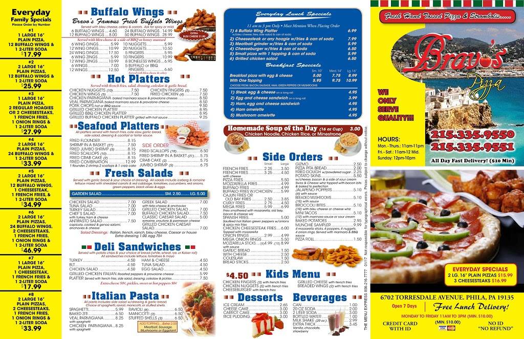 Bravos Pizza | restaurant | 6702 Torresdale Ave, Philadelphia, PA 19135, USA | 2153359550 OR +1 215-335-9550