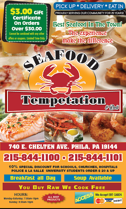 Seafood Temptation | restaurant | 740 E Chelten Ave, Philadelphia, PA 19144, USA | 2158441100 OR +1 215-844-1100