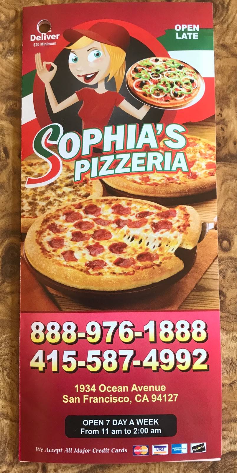 Sophias Pizzeria | restaurant | 1934 Ocean Ave, San Francisco, CA 94127, USA | 4155874992 OR +1 415-587-4992
